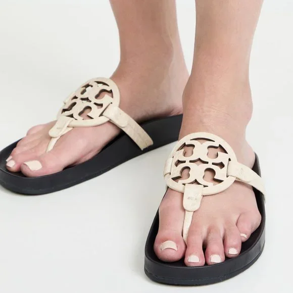 NIB Tory Burch Miller Cloud Leather Thong Sandal Cream Navy US 9 100% AUTHENTIC